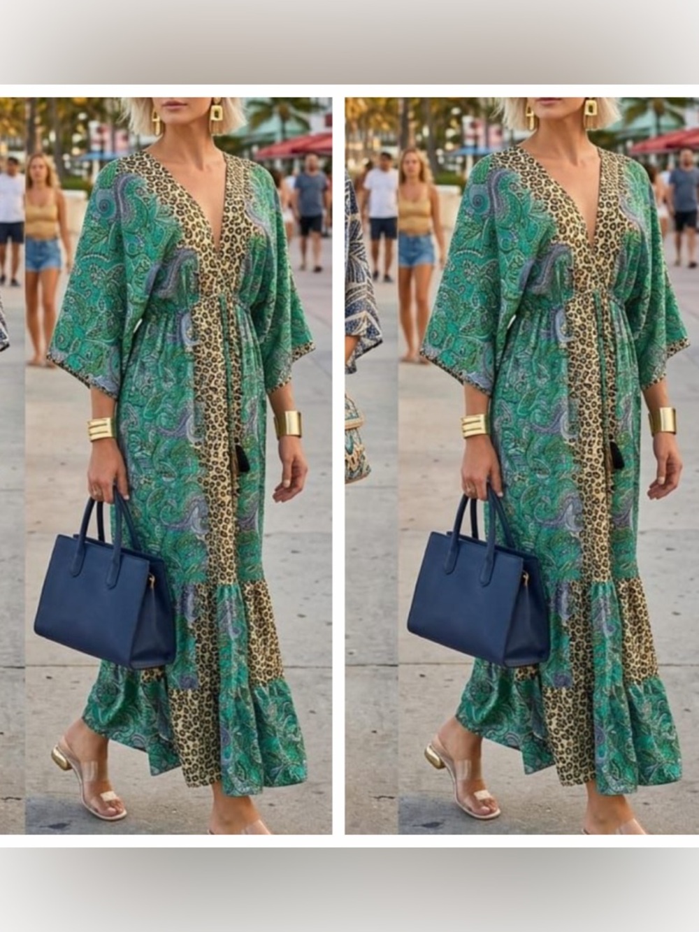 ShopEvelynne Silk Blend Green Paisley & Leopard Panel Maxi Dress